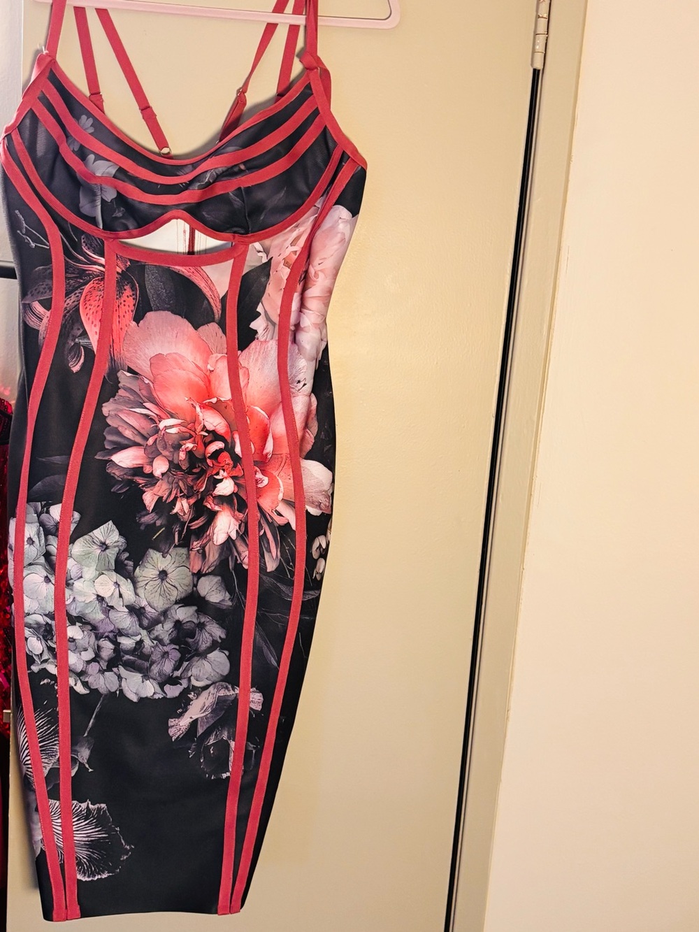 Black Floral Bodycon Dress with Red Trim